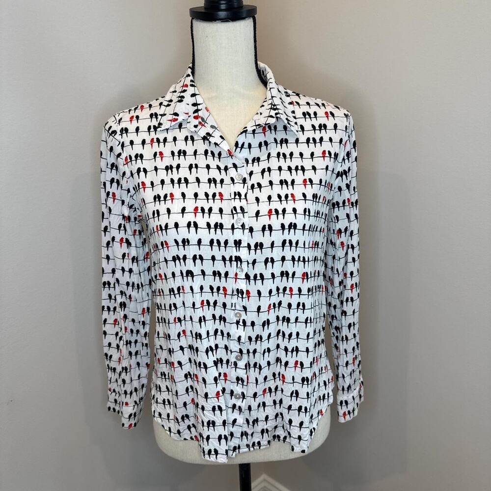 White and red bird print blouse
